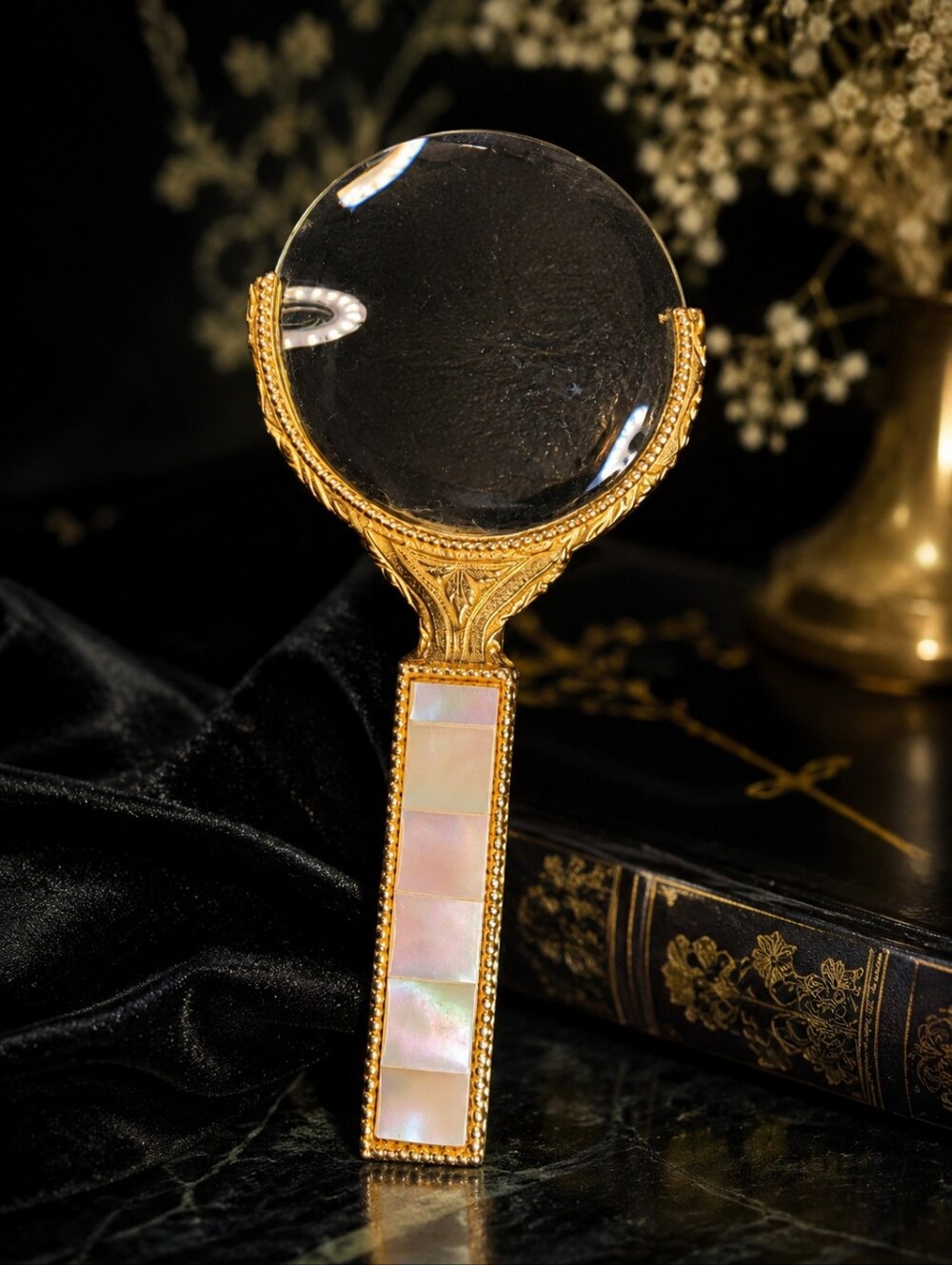 Vintage Mother of Pearl Handled Magnifying Glass Gold Tone Vanity Desk Decor
